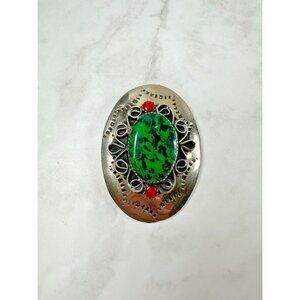 Silver Tone Stamped Concho Converted to a Pendant with Green Stone - 2 1/2"